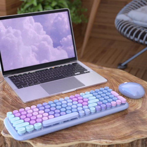 Wireless Keyboards and Mouse Combos, Gradient Rainbow Colored Retro Typewriter Flexible Keyboard, 2.4GHz Connection and Optical Mouse, Purple Rainbow