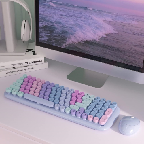 Wireless Keyboards and Mouse Combos, Gradient Rainbow Colored Retro Typewriter Flexible Keyboard, 2.4GHz Connection and Optical Mouse, Purple Rainbow