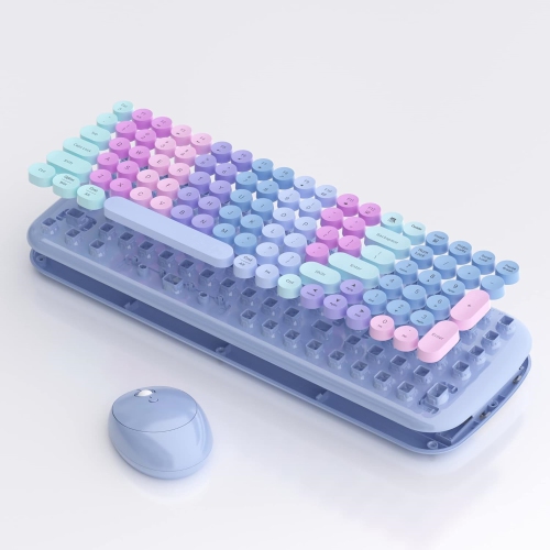 Wireless Keyboards and Mouse Combos, Gradient Rainbow Colored Retro Typewriter Flexible Keyboard, 2.4GHz Connection and Optical Mouse, Purple Rainbow