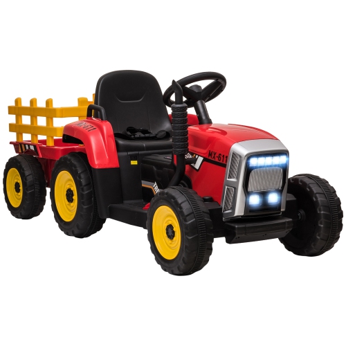 AOSOM  12V Kids Ride On Tractor With Trailer, Battery Powe Electric Tractor With Remote Control, Music Start Up Sound And Horn, USB, Led Lights In Red