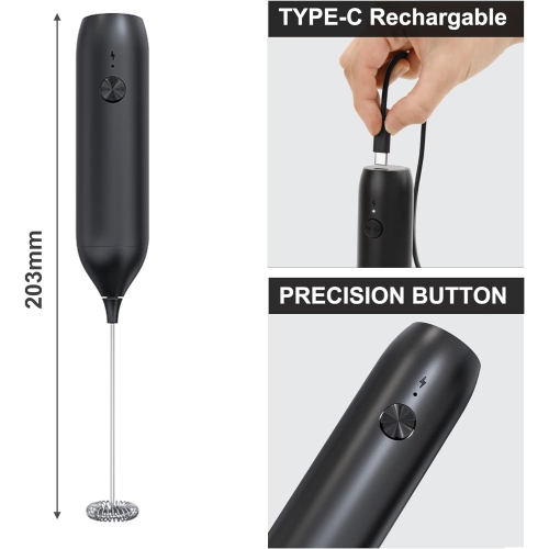 Handheld Milk Coffee Frother,USB-Rechargeable Hand Frother,Adjustable Handheld Milk Frother for Hot Chocolate, Cappuccinos, Milkshakes, Egg Mix, Black