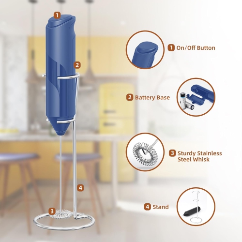 Milk Coffee Frother Handheld with Stand Drink Blender Stirrers Mixer Foamer Whisk Electric Mini for Cappuccino, Hot Chocolate, Lattes, Matcha