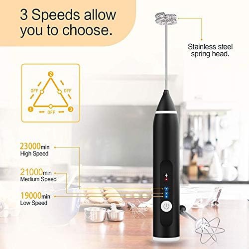 3-Speed Adjustable Milk Frother USB Rechargeable, Handheld Electric Foam Maker with 2 Stainless Whisks, Egg Beater Mini Blender forHot Chocolate,