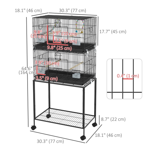 PawHut Birdcage for Canaries, Lovebirds Finches, Budgie Cage with Wheels, Removable Tray, Bottom Mesh Panel, Wooden Perches, Swing, Ramp, Food