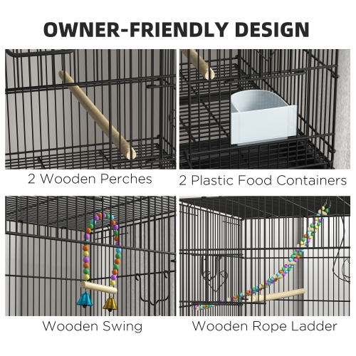 PawHut Birdcage for Canaries, Lovebirds Finches, Budgie Cage with Wheels, Removable Tray, Bottom Mesh Panel, Wooden Perches, Swing, Ramp, Food