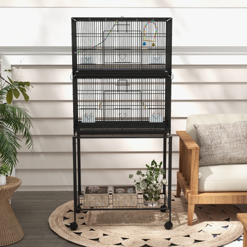 PawHut Birdcage for Canaries, Lovebirds Finches, Budgie Cage with Wheels, Removable Tray, Bottom Mesh Panel, Wooden Perches, Swing, Ramp, Food