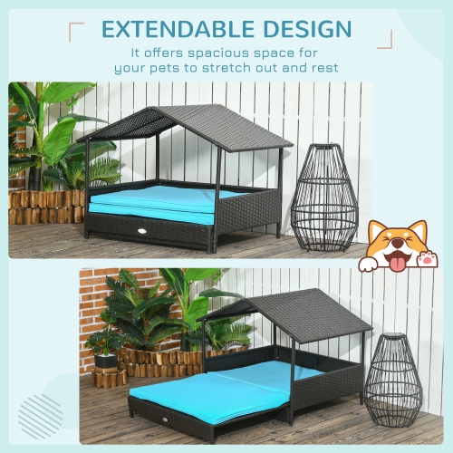 PawHut Elevated Rattan Dog House Outdoor with Canopy, Extendable Wicker Dog Bed with Water-Resistant Cushion, for Small and Medium Dogs Blue