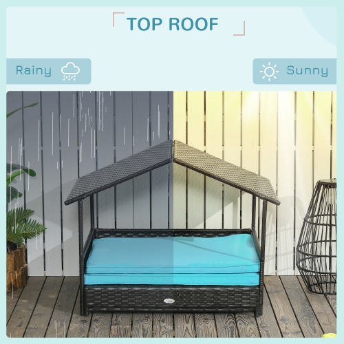 PawHut Elevated Rattan Dog House Outdoor with Canopy, Extendable Wicker Dog Bed with Water-Resistant Cushion, for Small and Medium Dogs Blue