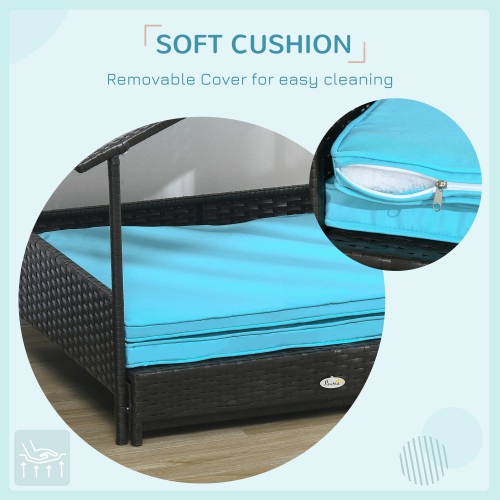 PawHut Elevated Rattan Dog House Outdoor with Canopy, Extendable Wicker Dog Bed with Water-Resistant Cushion, for Small and Medium Dogs Blue