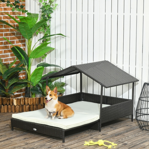 PawHut Elevated Rattan Dog House Outdoor with Canopy, Extendable Wicker Dog Bed with Water-Resistant Cushion, for Small and Medium Dogs Cream White