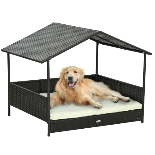 PawHut Rattan Dog House Outdoor with Shade Canopy, Elevated Wicker Dog ...