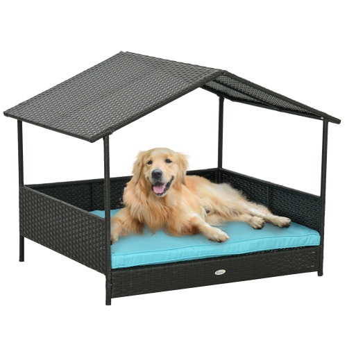 PawHut Rattan Dog House Outdoor with Shade Canopy Elevated Wicker Dog Bed with Soft Cushion Washable Cover for Medium Large Dogs Blue