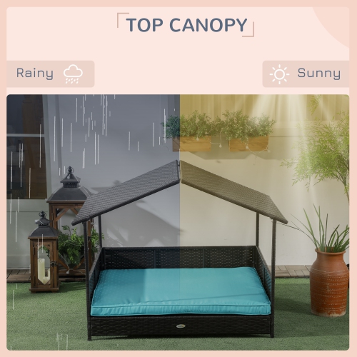 PawHut Rattan Dog House Outdoor with Shade Canopy, Elevated Wicker Dog Bed with Soft Cushion Washable Cover, for Medium Large Dogs, Blue
