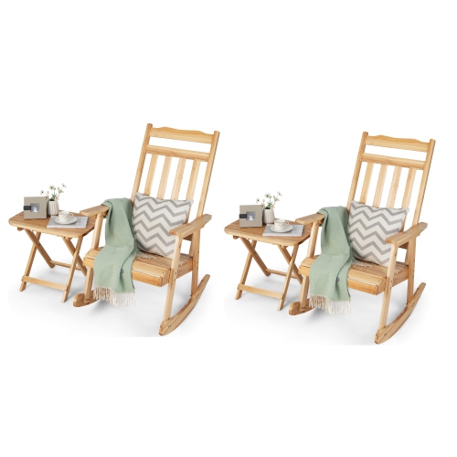 Gymax 4PCS Patio Rocking Chair & Folding Table Set Wooden Rocker Bistro Set