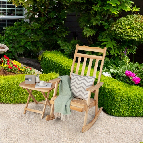 Gymax 4PCS Patio Rocking Chair & Folding Table Set Wooden Rocker Bistro Set