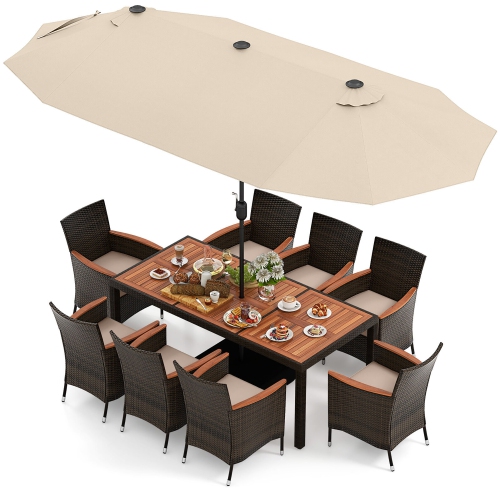 GYMAX  9 Piece Patio Wicker Dining Set W/ Double-Sided Patio Umbrella Stackable Chairs In Beige