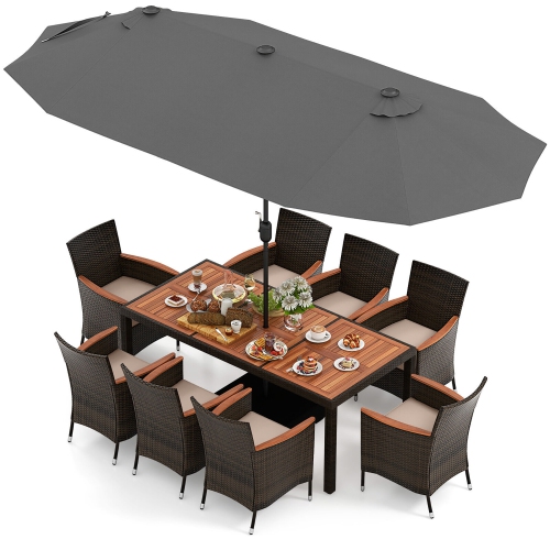 GYMAX  9 Piece Patio Wicker Dining Set W/ Double-Sided Patio Umbrella Stackable Chairs In Grey