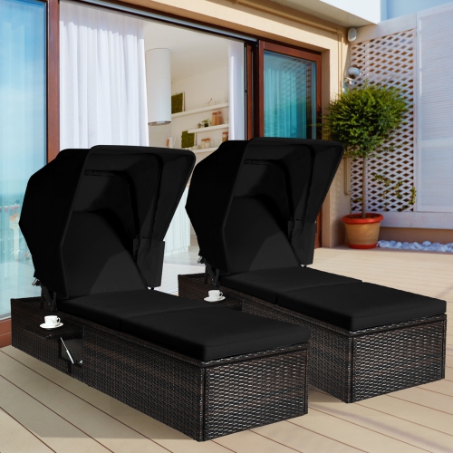 GYMAX  Set Of 2 Rattan Patio Chaise Lounge Chair W/ Adjustable Canopy Cushion In Black