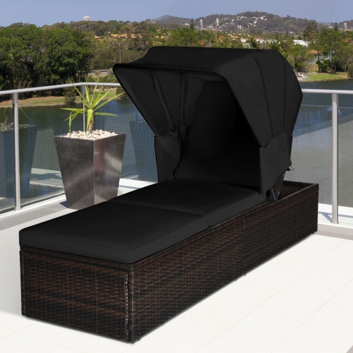 Gymax Set of 2 Rattan Patio Chaise Lounge Chair W/ Adjustable Canopy Black Cushion