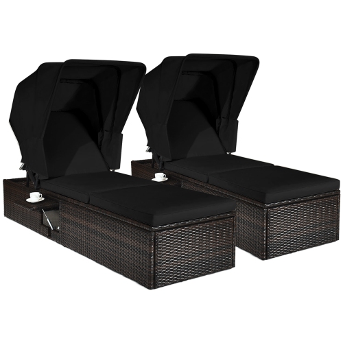 Gymax Set of 2 Rattan Patio Chaise Lounge Chair W/ Adjustable Canopy Black Cushion