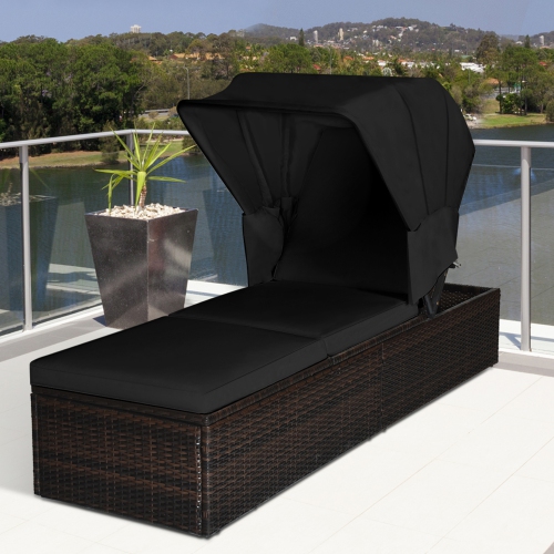 GYMAX  Rattan Patio Chaise Lounge Chair W/ Adjustable Canopy Cushion In Black