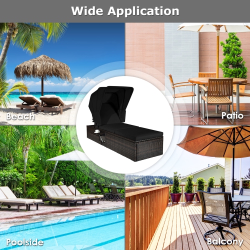Gymax Rattan Patio Chaise Lounge Chair W/ Adjustable Canopy Black Cushion