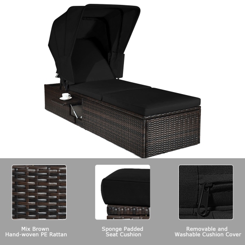 Gymax Rattan Patio Chaise Lounge Chair W/ Adjustable Canopy Black Cushion