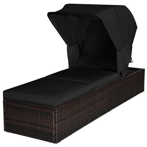 Gymax Rattan Patio Chaise Lounge Chair W/ Adjustable Canopy Black Cushion