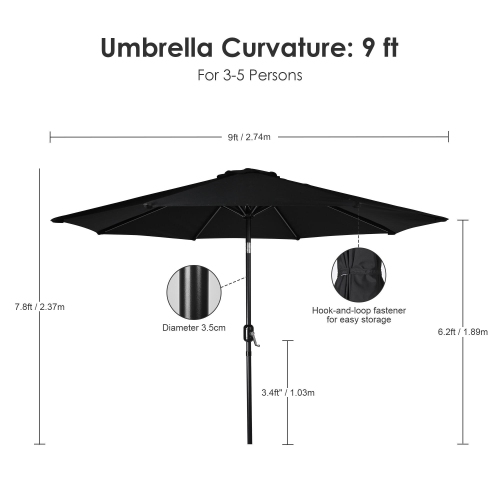 9Ft Market Patio Umbrella with 30° Tilt, Centred Umbrellas Outdoor Market Parasol Sun Shelter Table Umbrella Deck Umbrella With 8 Ribs - Black