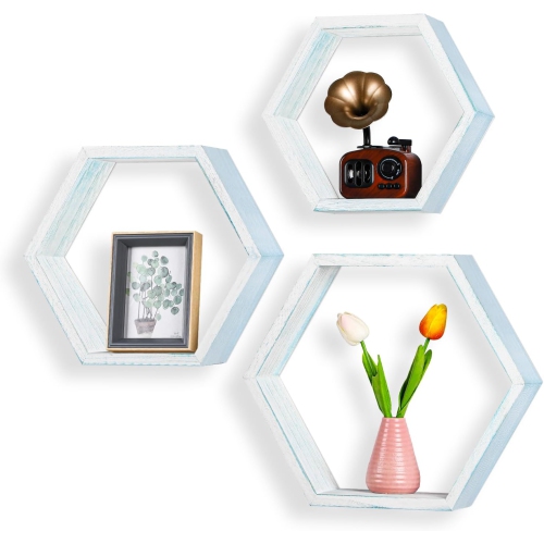 HIKOLAYAE  Set Of 3 Wood Hexagon Floating Shelves Plant Wall Shelf