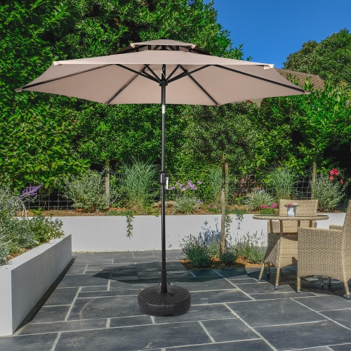 9ft Double Top Outdoor Patio Umbrella, Market Table Centred Umbrellas with Crank Handle ,6 Sturdy Ribs and 30° Tilt- Tan