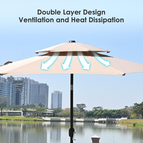 9ft Double Top Outdoor Patio Umbrella, Market Table Centred Umbrellas with Crank Handle ,6 Sturdy Ribs and 30° Tilt- Tan