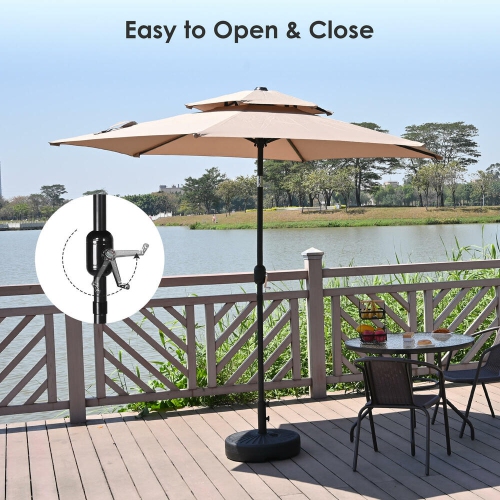 9ft Double Top Outdoor Patio Umbrella, Market Table Centred Umbrellas with Crank Handle ,6 Sturdy Ribs and 30° Tilt- Tan