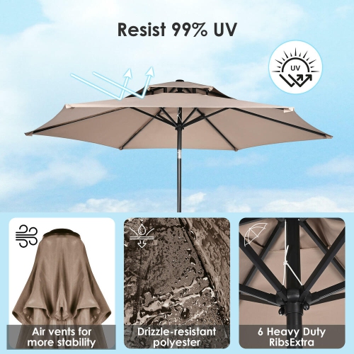 9ft Double Top Outdoor Patio Umbrella, Market Table Centred Umbrellas with Crank Handle ,6 Sturdy Ribs and 30° Tilt- Tan