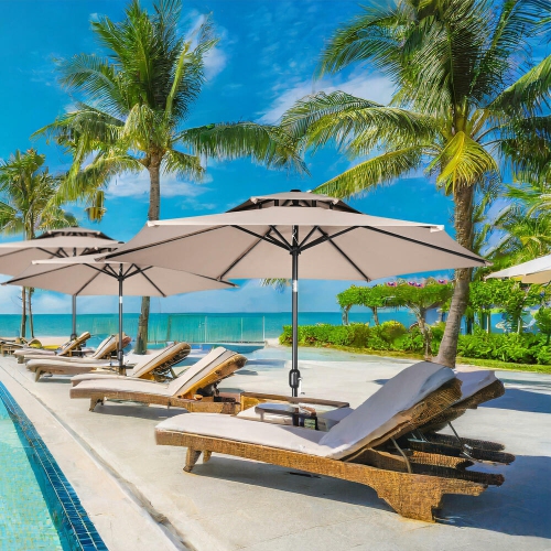 9ft Double Top Outdoor Patio Umbrella, Market Table Centred Umbrellas with Crank Handle ,6 Sturdy Ribs and 30° Tilt- Tan