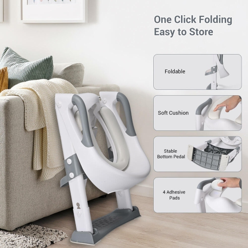 Foldable Potty Training Seat with Anti-Slip Step Stool Ladder and Soft Padded Cushion,5 Height Adjustable Kids Toilet Seat