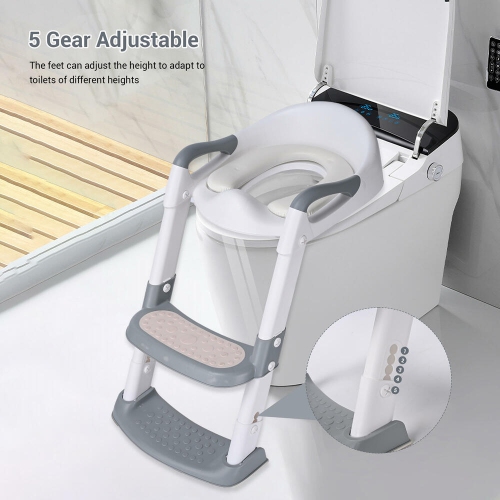 Foldable Potty Training Seat with Anti-Slip Step Stool Ladder and Soft Padded Cushion,5 Height Adjustable Kids Toilet Seat