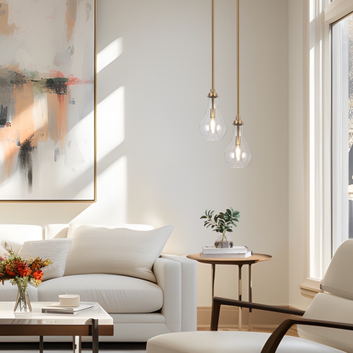 Modern Kitchen Island Pendant Light 1-Light Plating Brass Hanging Bedroom Pendant Light with Clear Teardrop Glass shade