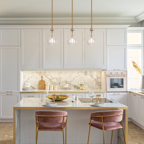 Modern Kitchen Island Pendant Light 1-Light Plating Brass Hanging Bedroom Pendant Light with Clear Teardrop Glass shade