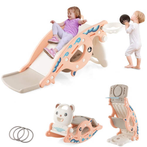 Gymax 4-in-1 Kids Slide Rocking Toy Slide Rocking Horse w/Basketball Hoop Rings