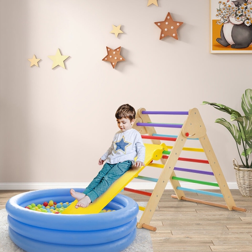 Gymax 3-In-1 Wooden Folding Climber Set w/Reversible Ramp Height Adjustable Slide