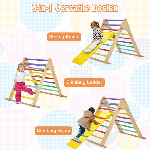 Gymax 3-In-1 Wooden Folding Climber Set w/Reversible Ramp Height Adjustable Slide