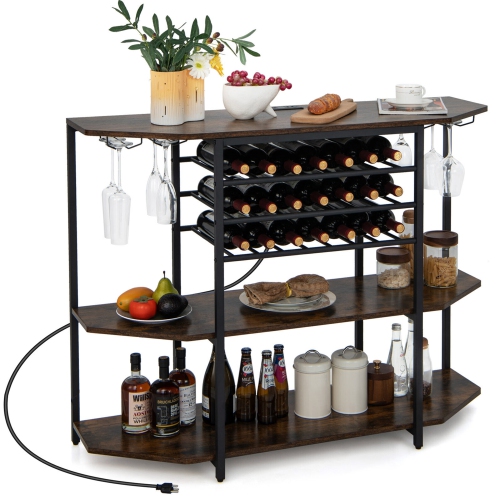 Gymax 3 Tier Wine Bar Cabinet with Storage Shelves Glass Holders Bottle Racks