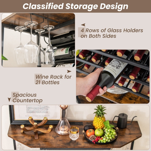 Gymax 3 Tier Wine Bar Cabinet with Storage Shelves Glass Holders Bottle Racks