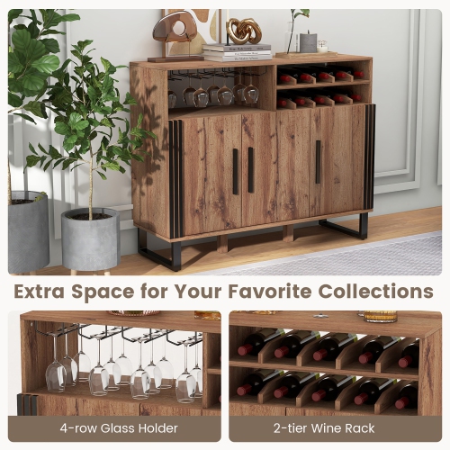 Gymax Home Wine Bar Cabinet w/ 3 Doors & Adjustable Shelves 2-tier Wine Rack Sideboard