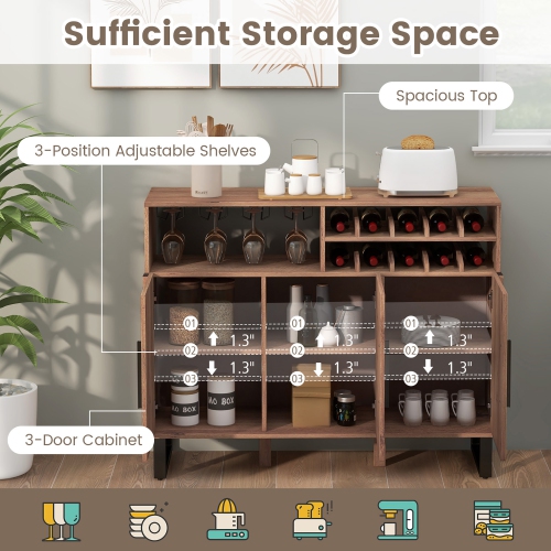 Gymax Home Wine Bar Cabinet w/ 3 Doors & Adjustable Shelves 2-tier Wine Rack Sideboard