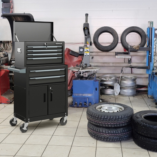 Gymax 2 in 1 Rolling Cabinet Storage Organizer Chest Box Garage 6 Drawer Toolbox Black