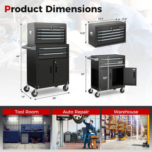 Gymax 2 in 1 Rolling Cabinet Storage Organizer Chest Box Garage 6 Drawer Toolbox Black