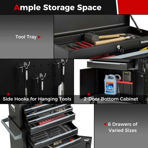 Gymax 2 in 1 Rolling Cabinet Storage Organizer Chest Box Garage 6 Drawer Toolbox Black