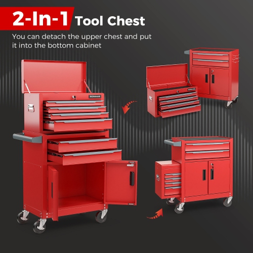 Gymax 2 in 1 Rolling Cabinet Storage Organizer Chest Box Garage 6 Drawer Toolbox Red